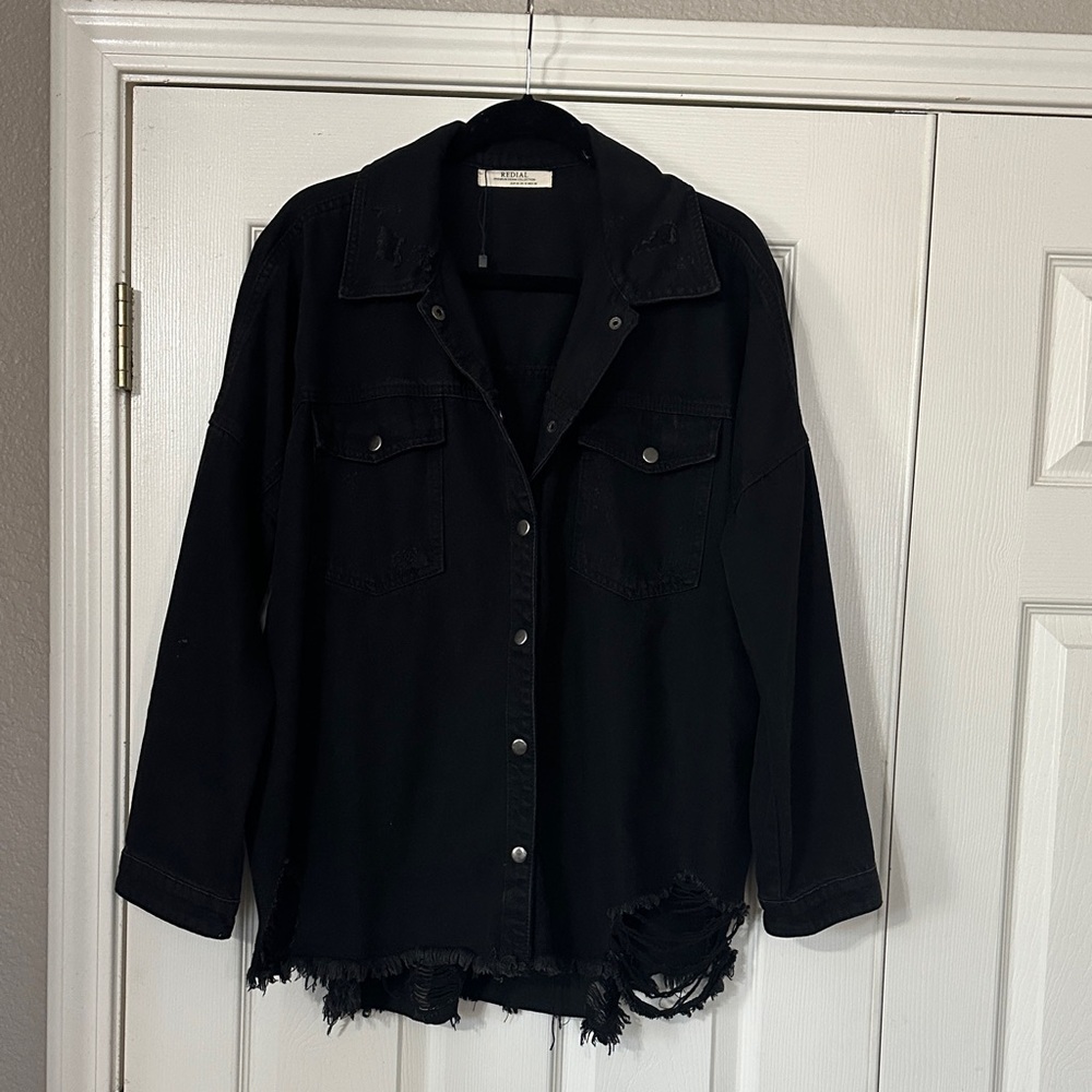 Black Distressed Shacket Jacket - Women’s Casual Overshirt